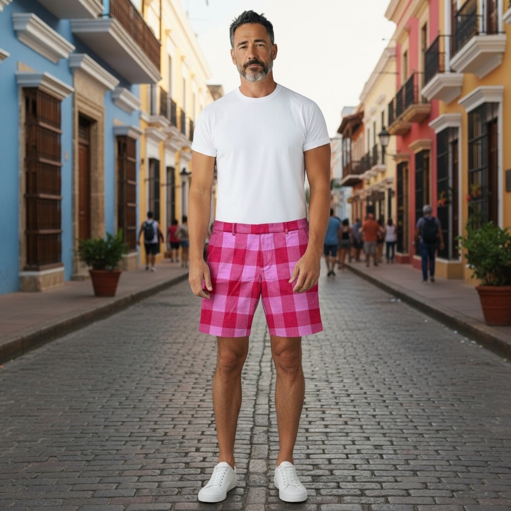 NWT 34 MR TURK Lawrence Red and Pink Flat Front Checkered Shorts